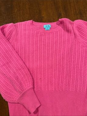 Two Bees Cashmere Bright Pink Cable Crewneck Sweater cashmere wool blend
